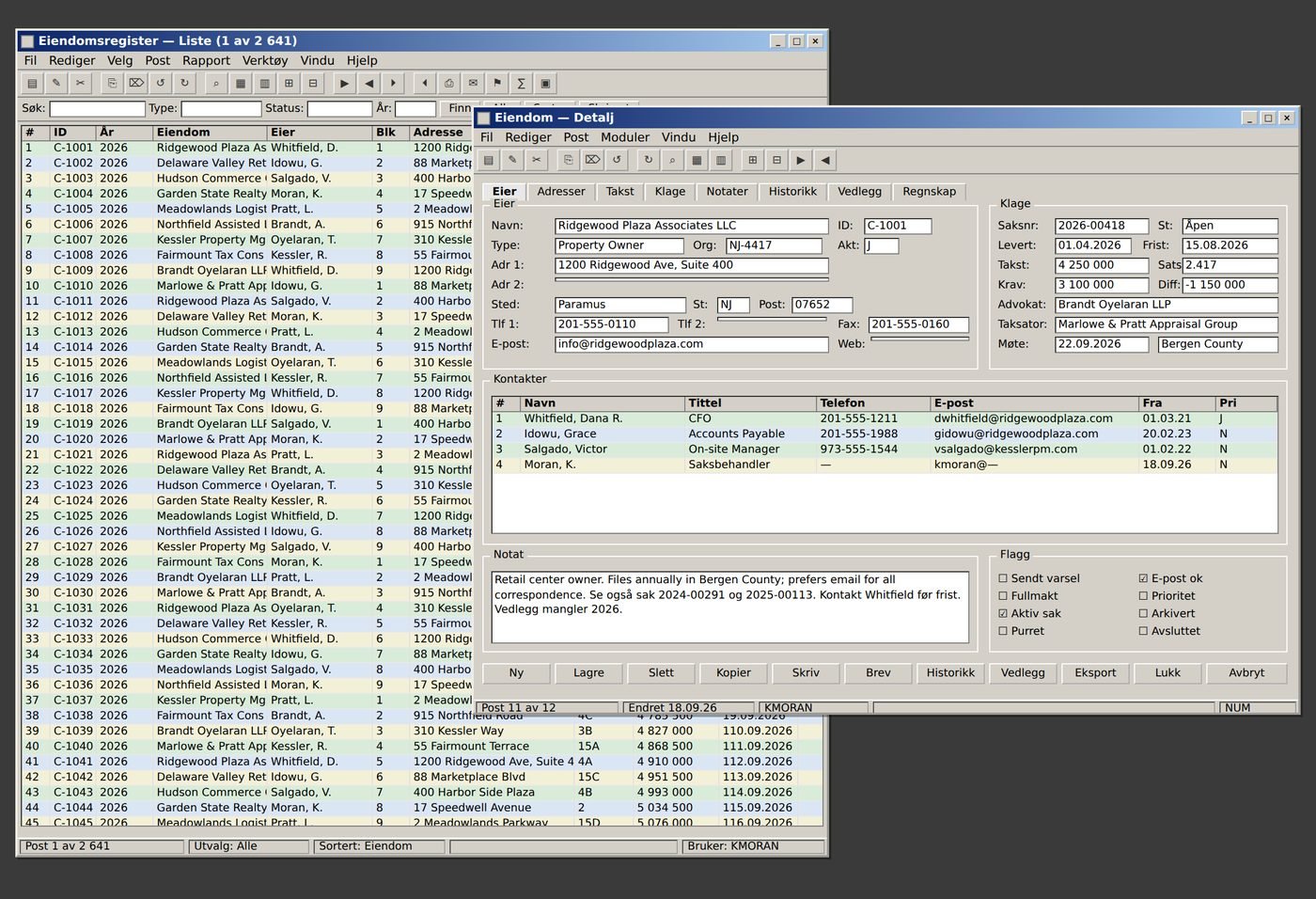 A legacy database screen: two overlapping windows, a wall of 2,600 identical rows, eleven tabs and eleven buttons, with no visual hierarchy.