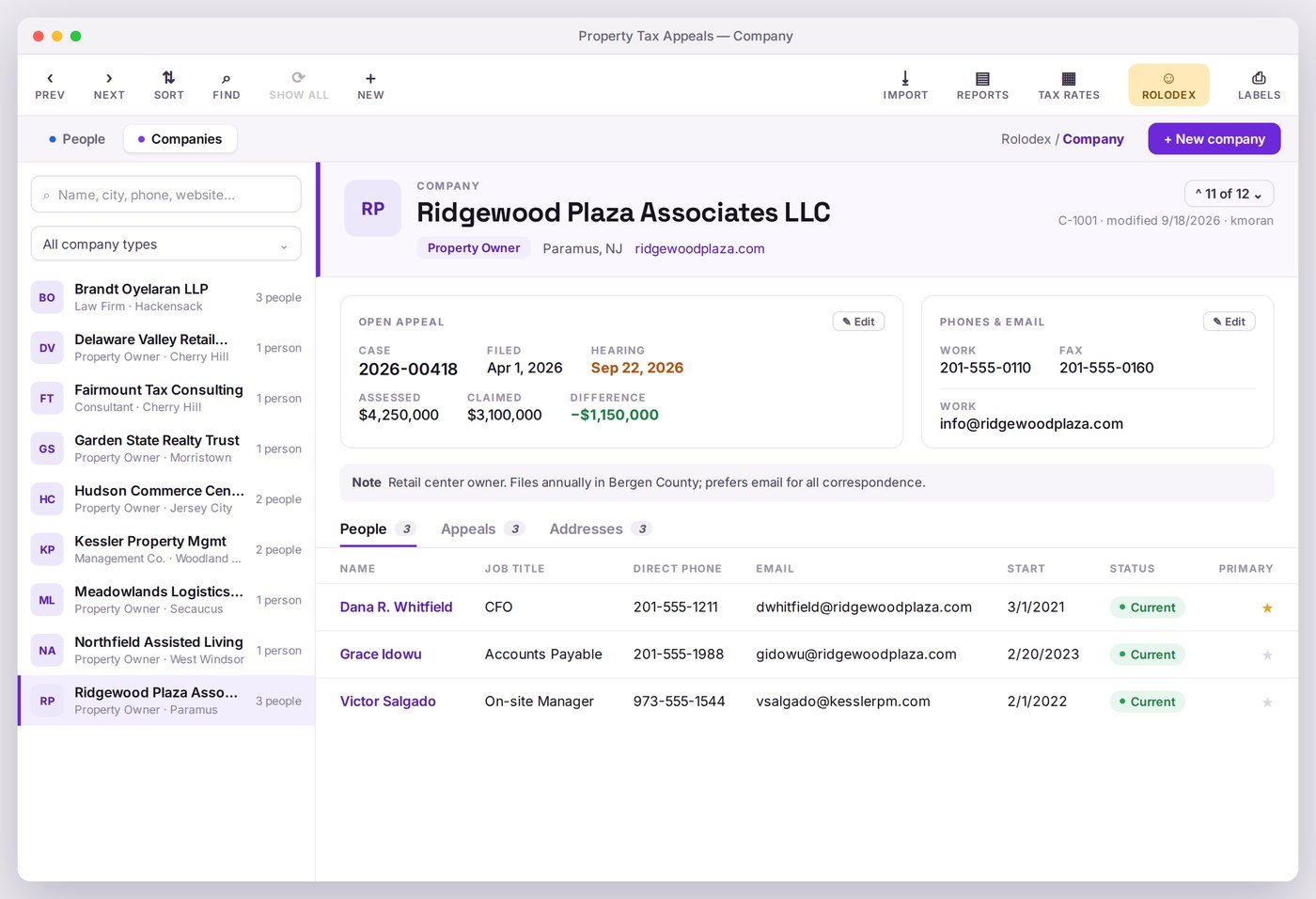 The same record rebuilt: the company name, open appeal, hearing date, amount at stake and contacts each given their own clear place on screen.